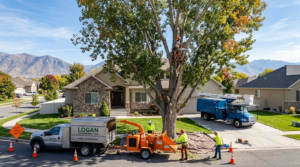 A professional tree service crew executes an aerial pruning and wood-chipping operation on a large mature tree in a residential neighborhood. The image captures arborists utilizing rigging gear, a wood chipper, and heavy trucks, framed by a mountainous background typical of Logan, Utah.
