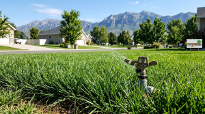 A vibrant, green residential lawn in Logan, Utah, being watered by an impact sprinkler with the scenic Wasatch Range in the background. A small "Logan Extermination" service sign with the company's official logo is visible near the edge of the lawn, showcasing the results of healthy fertilizer root absorption.